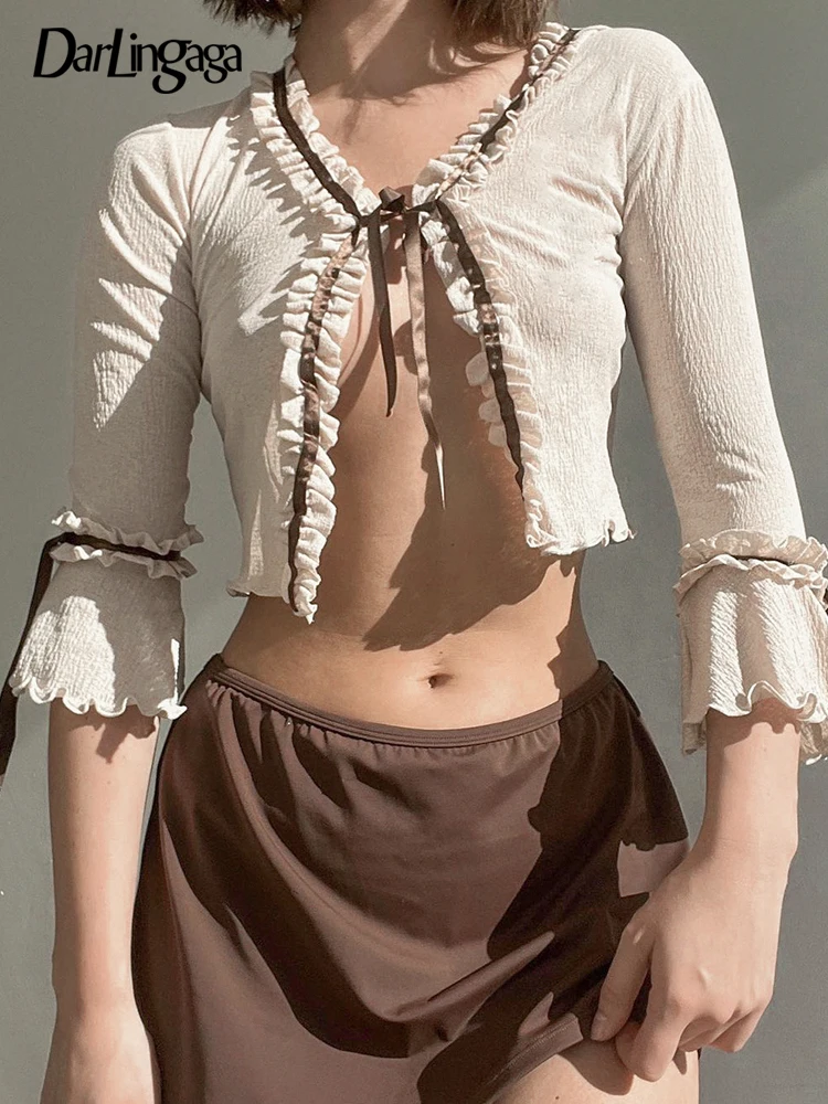 

Летняя пикантная рубашка с оборками Darlingaga Chic Y2K, женские топы, модный кардиган с французскими оборками и заплатками, с бантом, на шнуровке, ми...