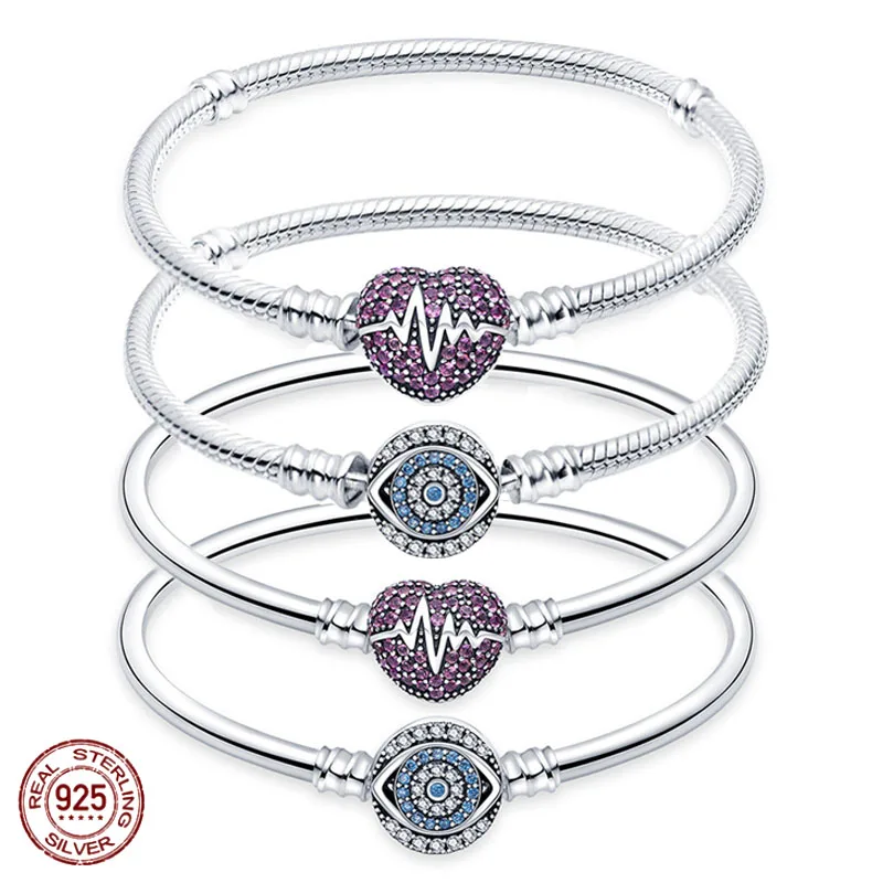 

New 925 Sterling Silver Magic Eye Bracelet Heart Full Diamond Snake Bone Chain fit Original Pandora Charm Beads DIY Making