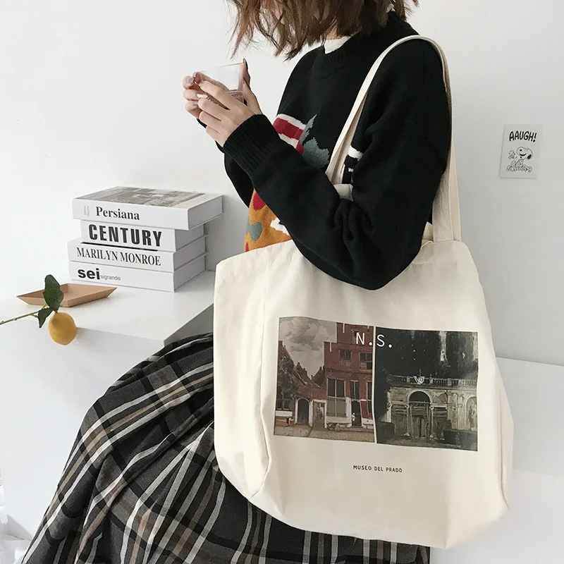 

Женская Холщовая Сумка для покупок с изображением музея Prado, Женская хлопковая тканевая сумка через плечо, женская сумка-тоут, многоразовые сумки для покупок для продуктов