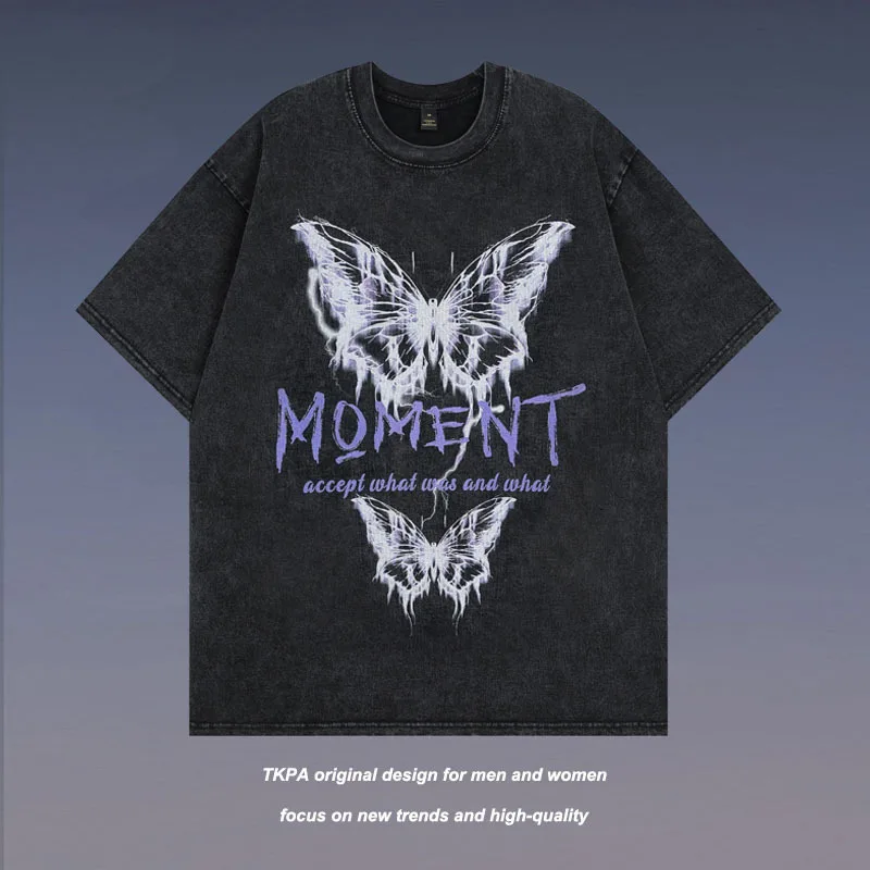

2023 Men's summer batik old short-sleeved tops retro high street dance skateboard loose casual personality printed shirt T-shirt