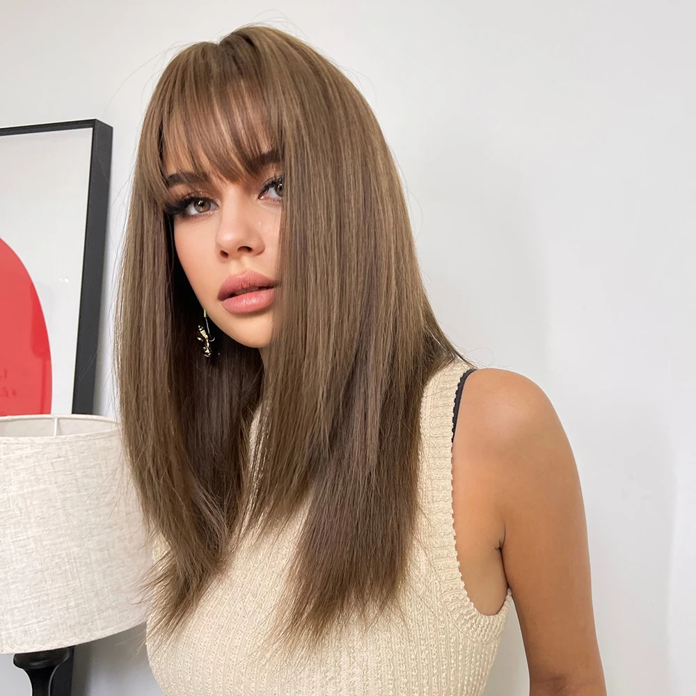 ESIN Synthetic Hair Medium Long Straight Wig with Bangs INS Cosplay Natural Wigs for Women Heat Resistant