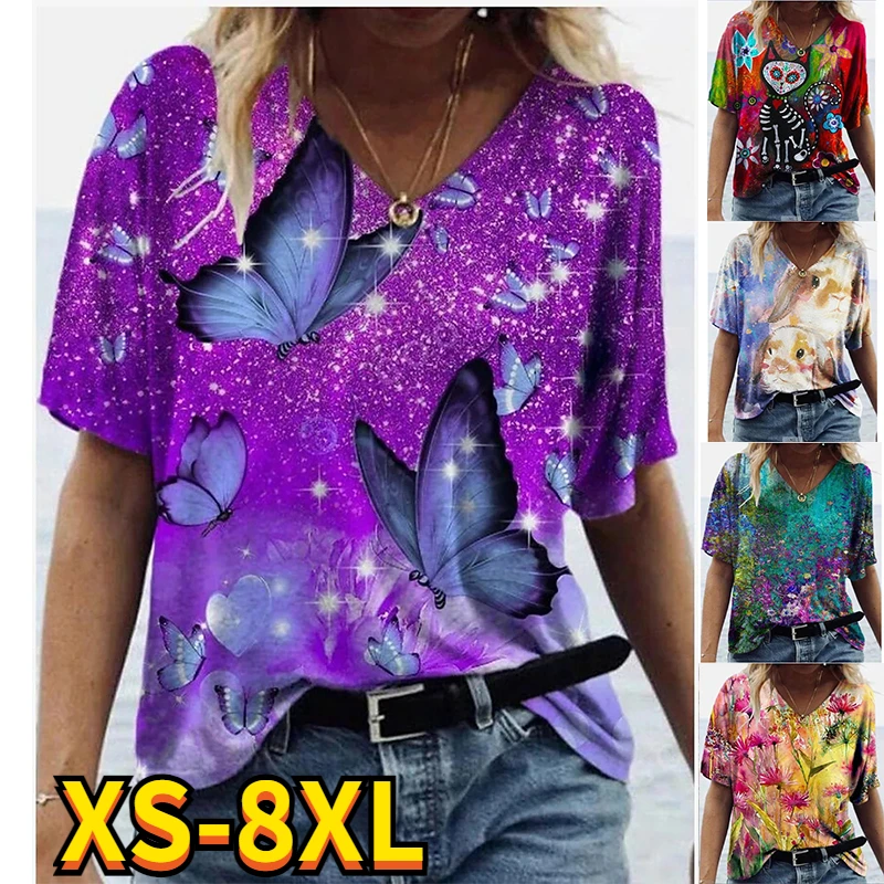 

2022 Summer Women's Butterfly 3D Printed Tee Shirts V Neck Female Pullover Casual Fashionable Streetwear New Design Tee Shirts