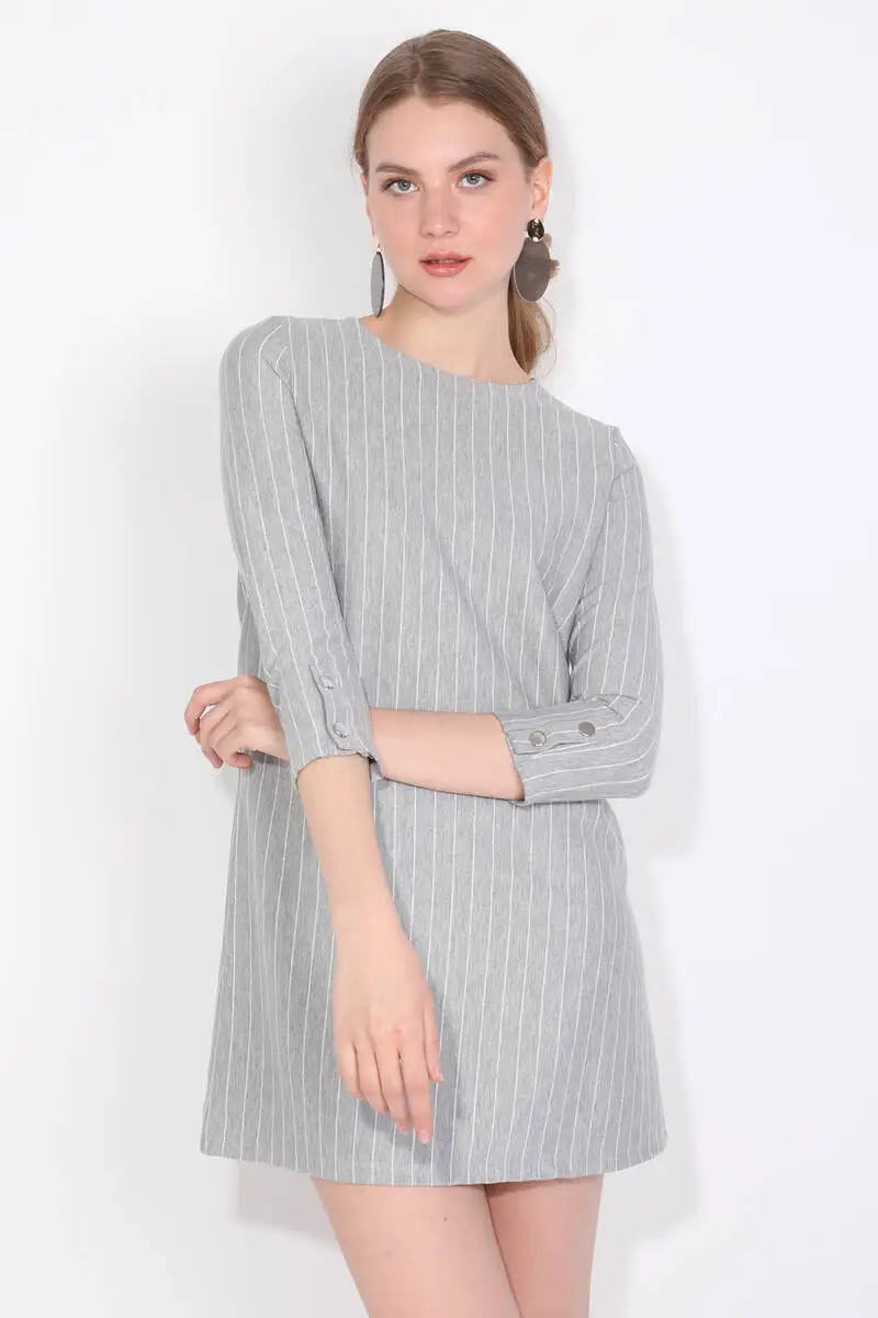 

Womens Gray Striped Poor Sleeve Mini Dress