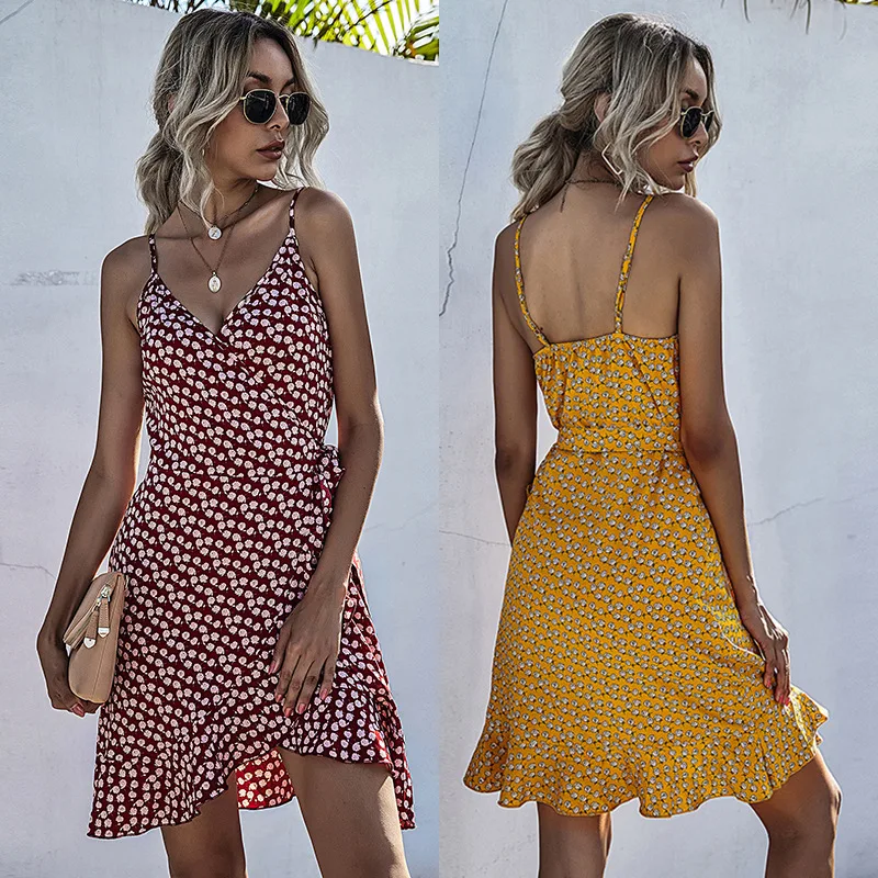 

Summer Sexy Wrap Ruffle Beach Sling Women's Heart Neck Dress