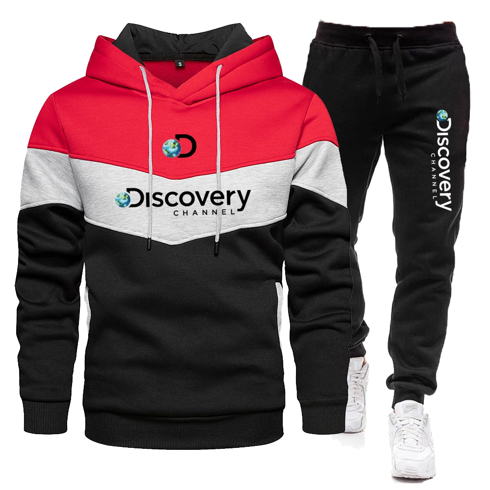 

Discovery Channel Men Hoodies Sweatshirt+Sweatpants Suit New Autumn Winter Sportswear Sets Patchwork Men's Pullover Jacket Set