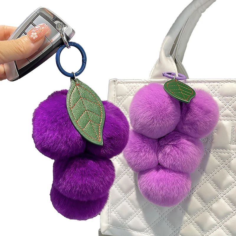 

1 Pc Fluffy Pompoms Keychain Lovely Grape Pom Poms Keychains Rex Rabbit Fur Pompoms Keyring Car Key Chain Pendant Accessories