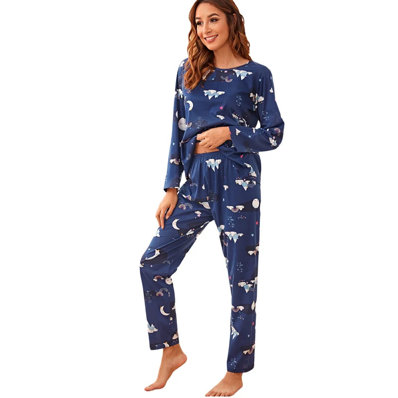 

Womens Pajama Set Classic O-neck Long Sleeve Top & Loose Long Pants Cute Cartoon Print Bottoms VBXDS1