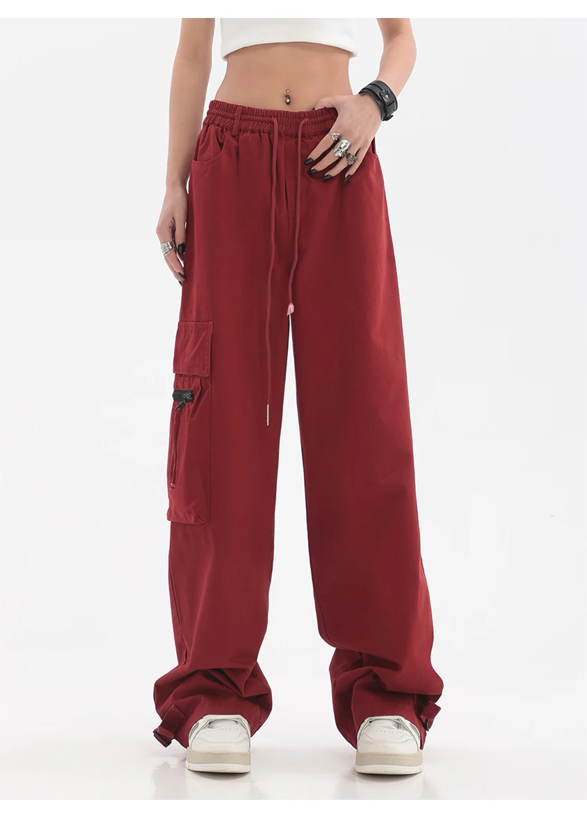 

Women Red Pants Overalls Sporty hiphop Jogging Casual jazz dance pants High Waist Trousers multi-pocket Wide Leg Loose Y2k