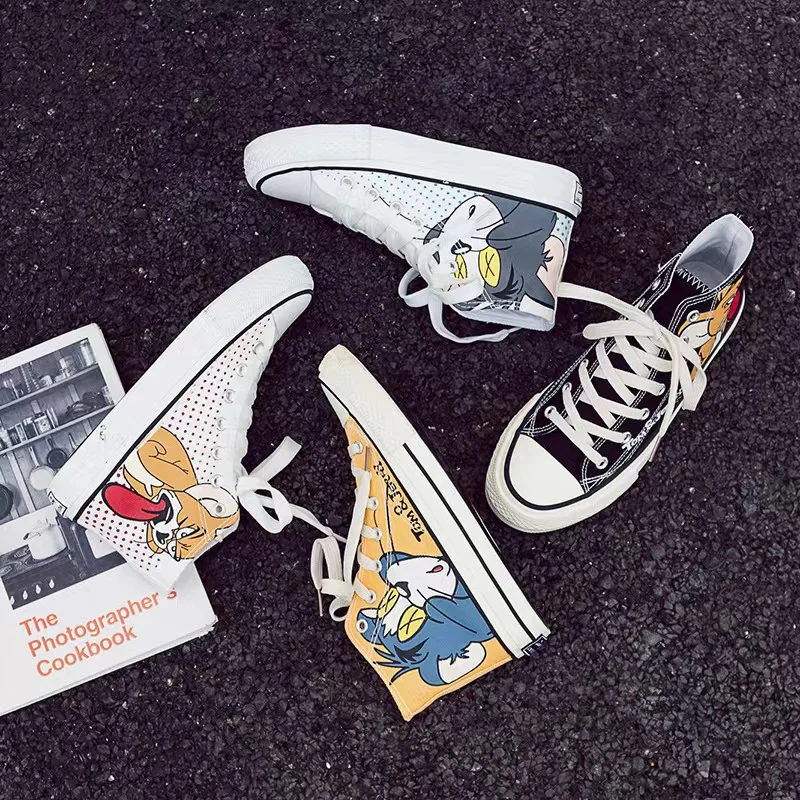 Canvas Shoes Female Male Students Korean Version of Fashion Graffiti Cat and Mouse High-top Comfortable Sneakers