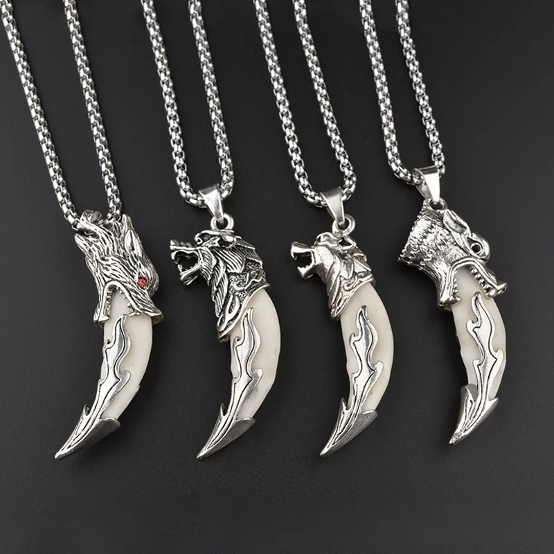 

Punk Rock Titanium Steel Wolf Teeth Necklace Authentic Tibetan Mastiff Black Dog Teeth Pendant Teeth Bone Couple Chain Retro