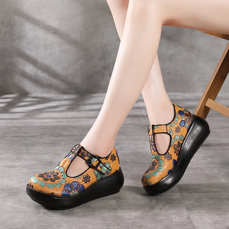 

Emboridery Shoes Leather Women Pumps Handmade Genuine Leather High Heels T Strap High Heels Wedge Shoes Women Retro 2022Brand