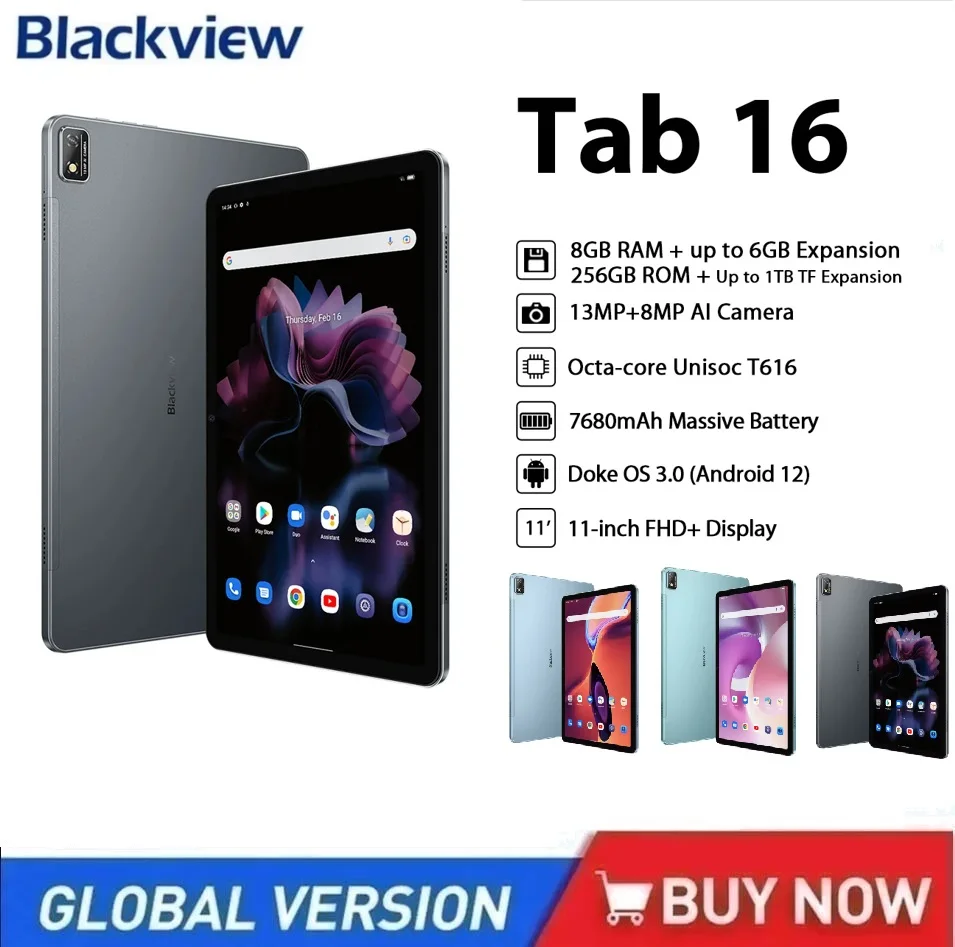 Blackview Tab 16 Планшетный коврик 11 дюймов 2K FHD+ Дисплей Pad Android 12 T616 Widevine L1 8 ГБ 256 7680 мАч 13