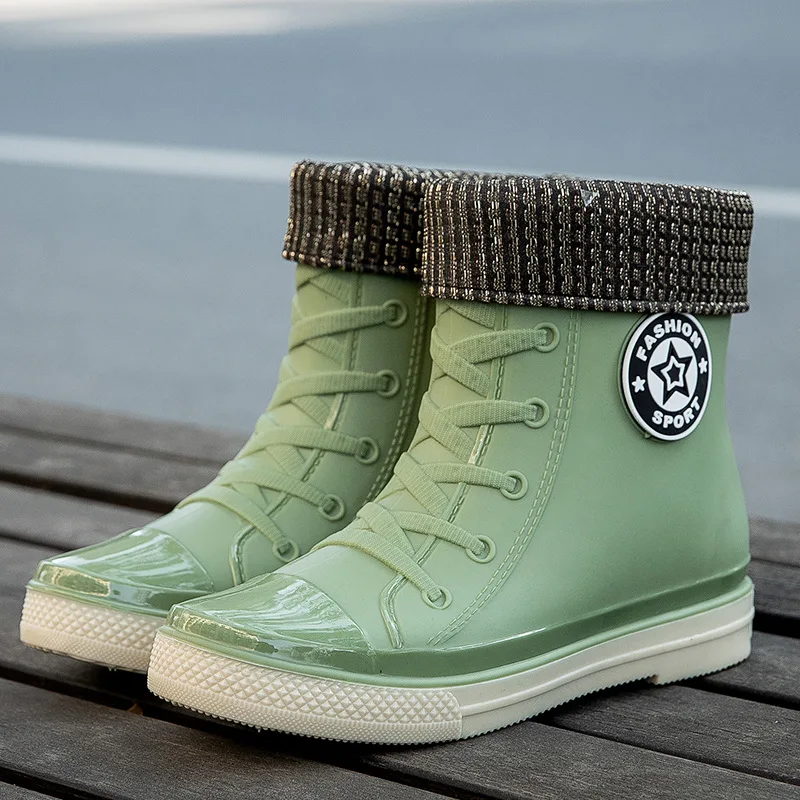 Fashion Solid Color Round Toe Women's Short Boots Waterproof Rainboots with Platform and Warm Cotton for Students, Anti-Slip