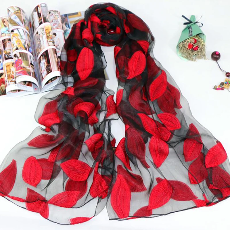 

New Lace Embroidery Hollow Cut Flowers Leaves Women's Silk Scarf Long Fashion Summer High Quality Beach Shawl Scarves Stole