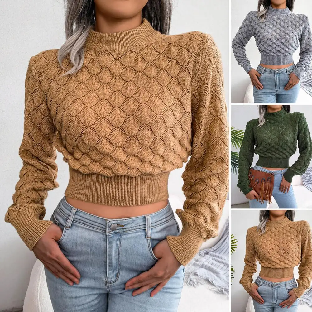 

Half High Collar Long Sleeve Solid Rhombus Texture Navel Exposed Women Knitwear Autumn Winter Cropped Sweater Female Clothing