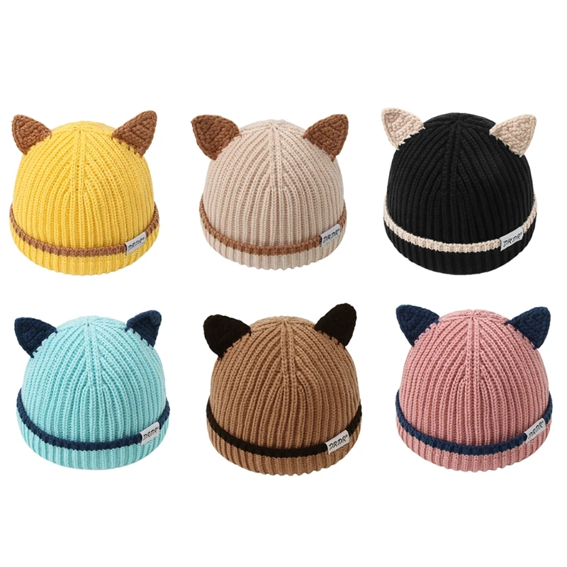 

Cute Ears Beanie Hat Solid Color Wool Hat Knitted Hat Earprotect for Camping