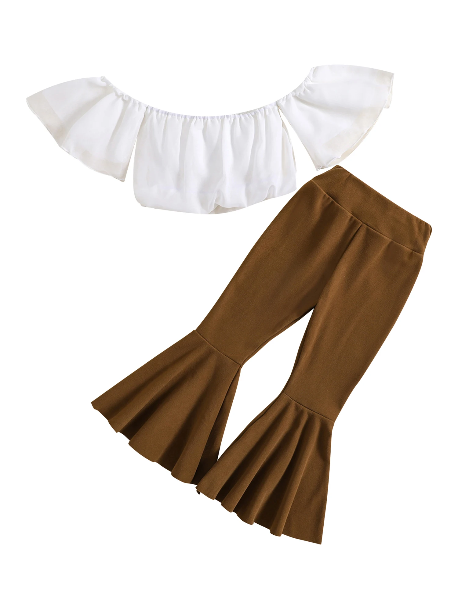 

1-5 Years Toddler Little Girl Bell Bottoms Set Off Shoulder Lace Crop Top Solid Flare Pants 2Pcs Elegan Clothes (Brown 7-8