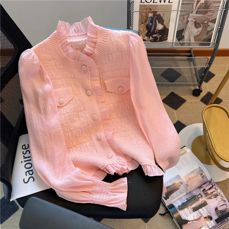 

New Lazy Sweater Women's French Style Chiffon Spliced Knitted Top