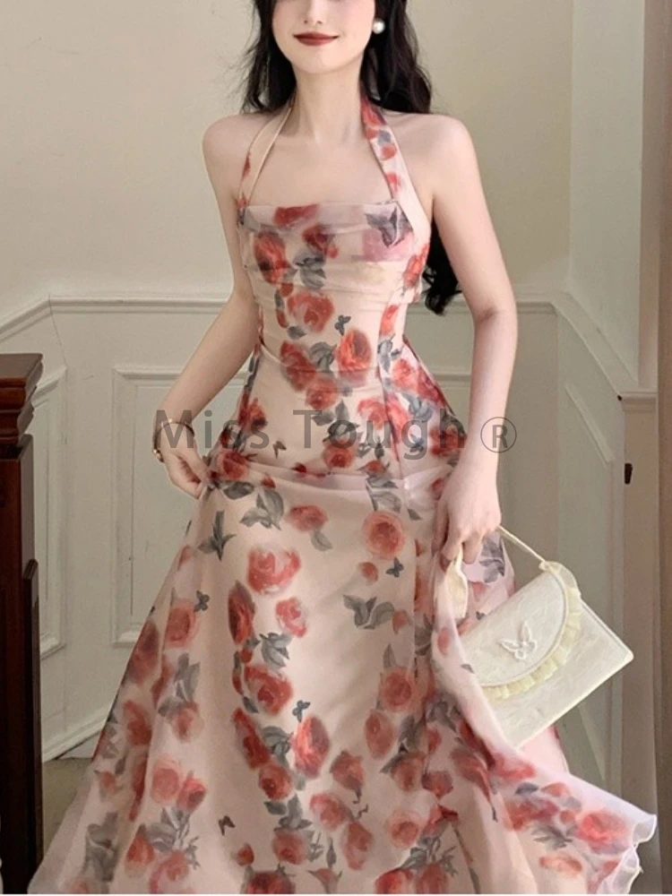 

Summer Floral Chiffon France Vintage Fairy Dress Print Korean Style Halter Dress Women Backless Sexy Elegant Party Midi Dresses