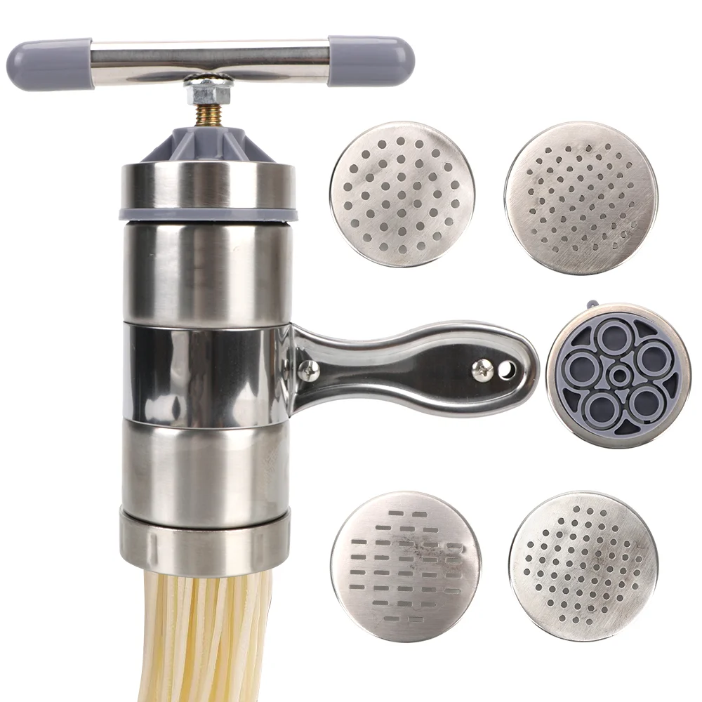 

Steel Kitchen Supplies Manual Noodle Maker With 5 Pressing Moulds, Making Delicious Spaghetti Fruits Juicer Pasta Machine.