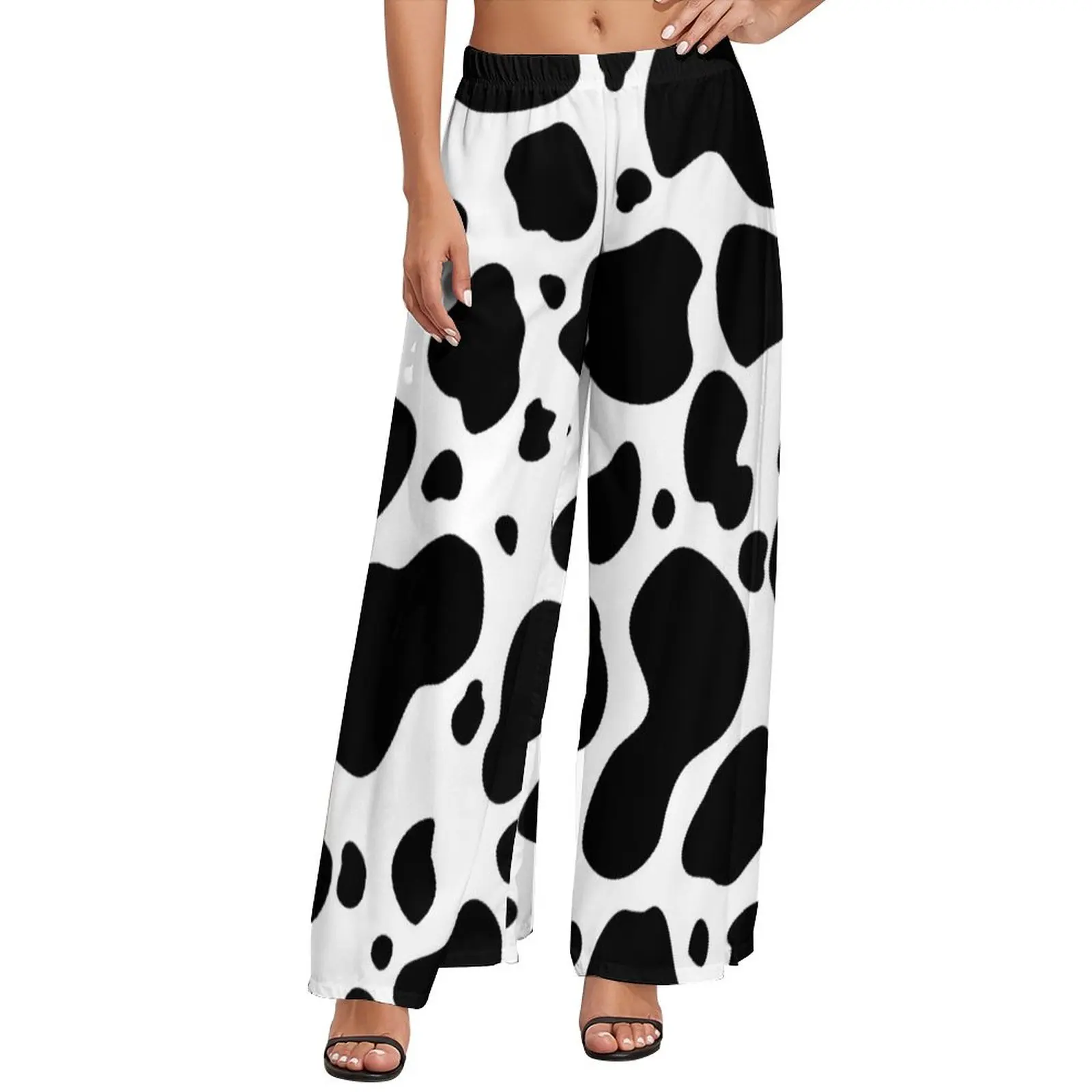 

Black And White Cow Print Pants High Waist Cow Spots Pattern Office Wide Pants Women Oversize Streetwear Print Straight Trousers