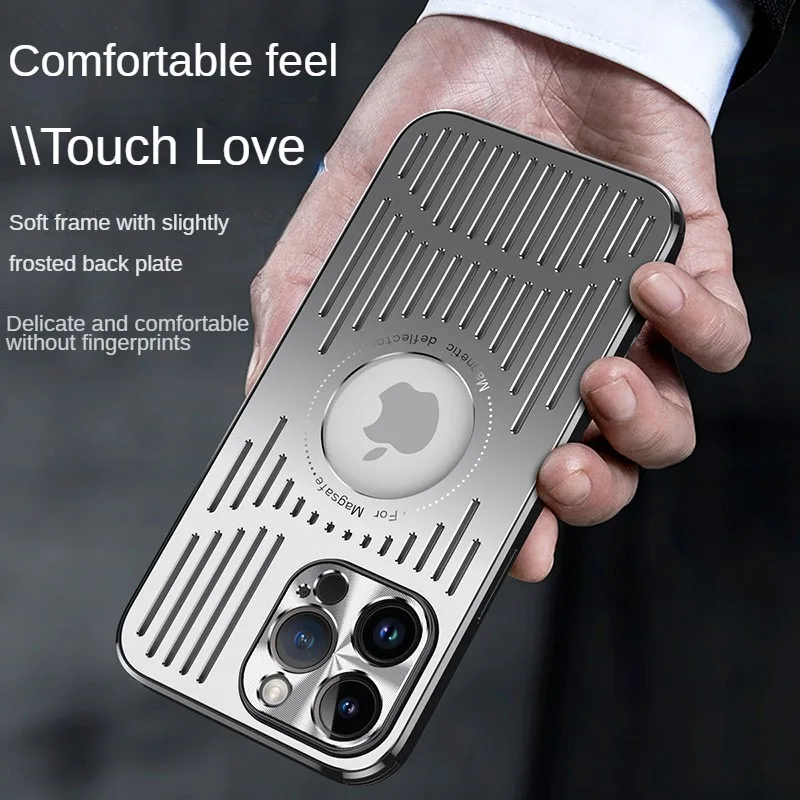 Metal Magnetic Heat Dissipation Phone Case Suitable for iPhone 14 13 12 Pro Max Plus Exposed Label, Full Lens Protection