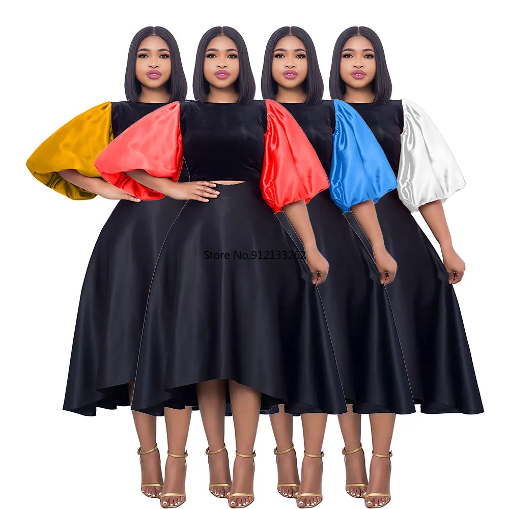 

Одежда в африканском стиле для женщин на весну-осень, комплект из двух предметов с топом и юбкой из пэчворка и полиэстера с коротким рукавом ...