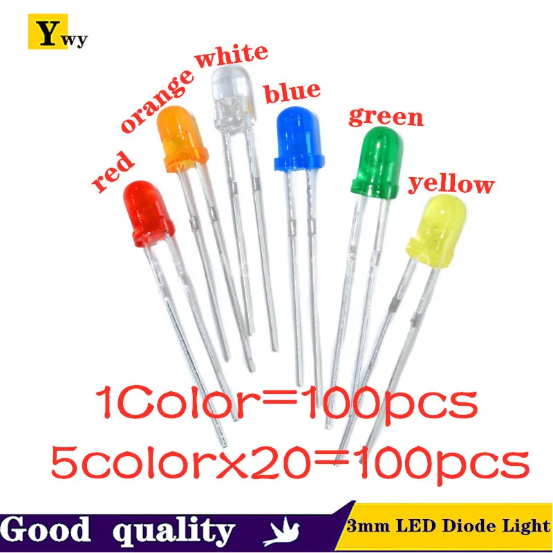 

5 Colors*20PCS=100PCS / 1Color=100pcs F3 3mm LED Diode Light Assorted Kit Green Blue White Yellow Red COMPONENT DIY kit