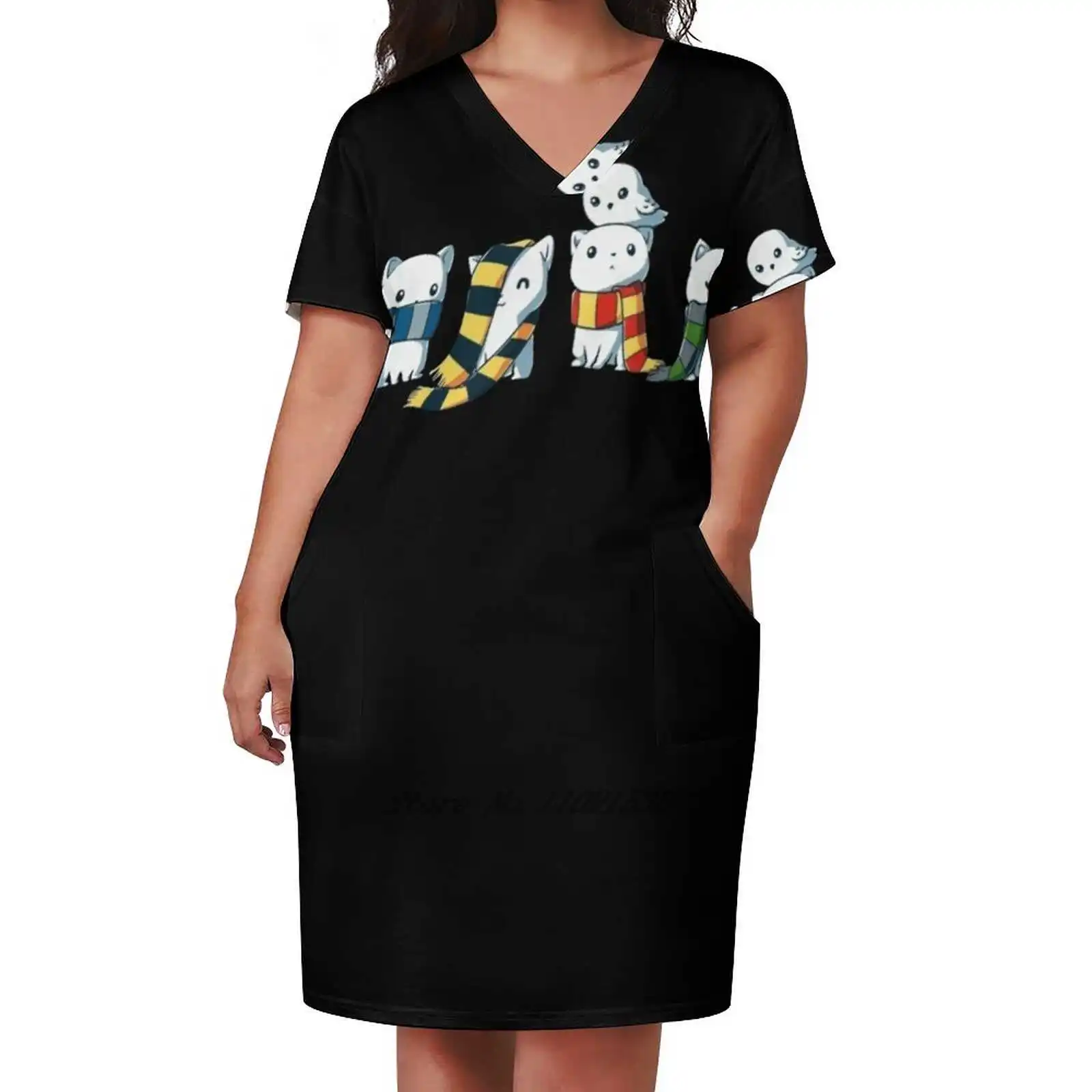 

4 Magical Kitties Loose Pocket Dress Fashion Print Dress Short Sleeve V-Neck A-Line Dress Magic Y2K Dresses For Women Party