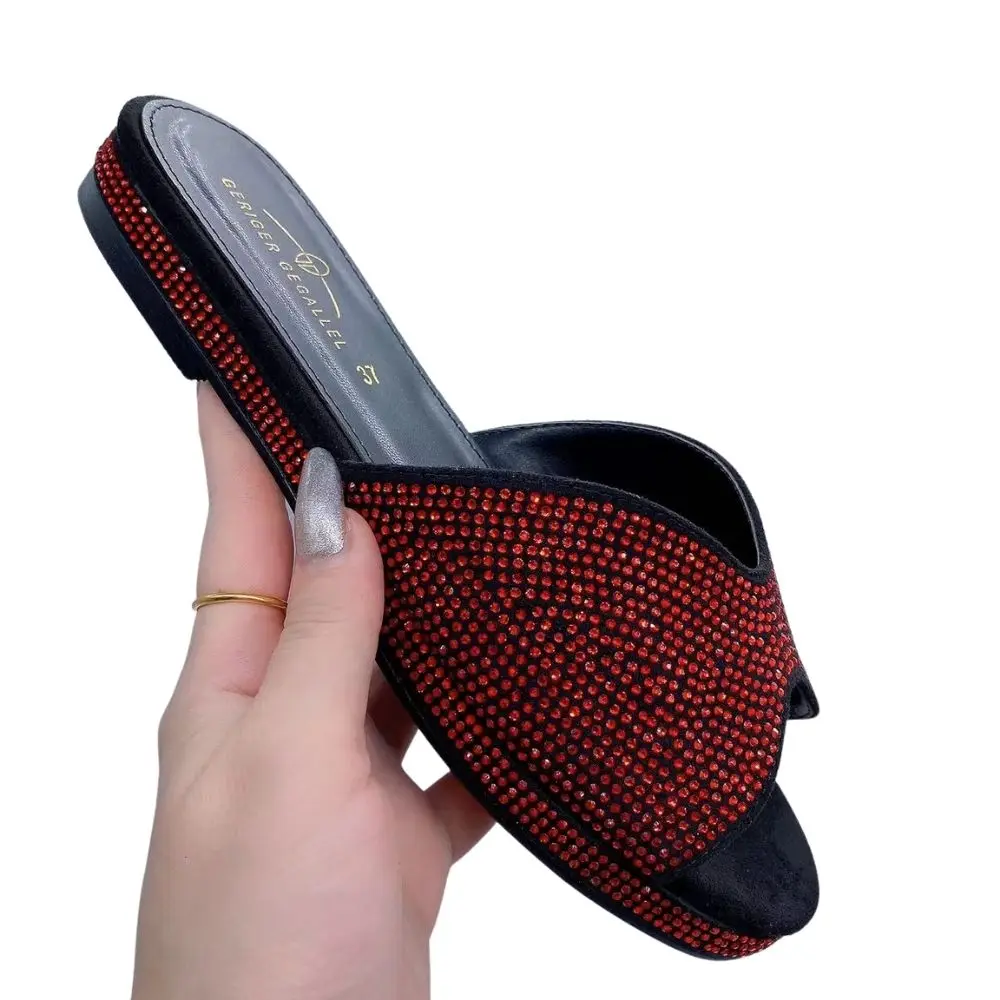 Blue Bling Bling Slides for Women 2023 New Classic Design Sandals Italian Style Lady Shoes Low Heel Summer Mules Comfy Sandals