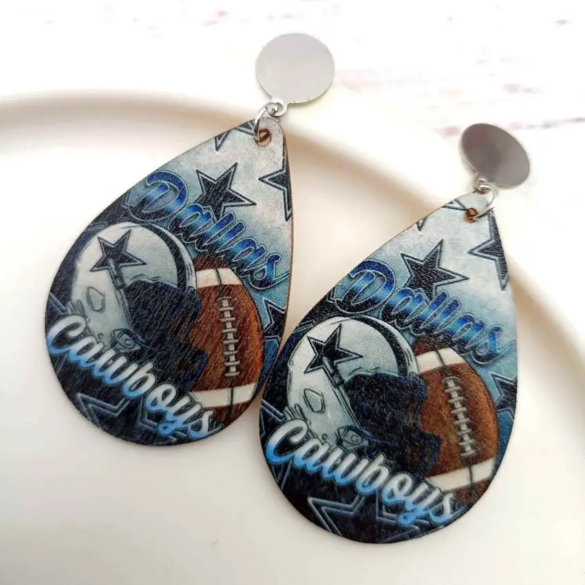 Далласские футбольные серьги для женщин из нержавеющей стали и дерева в форме слезы. Оптовая продажа спортивных украшений "Ковбои".