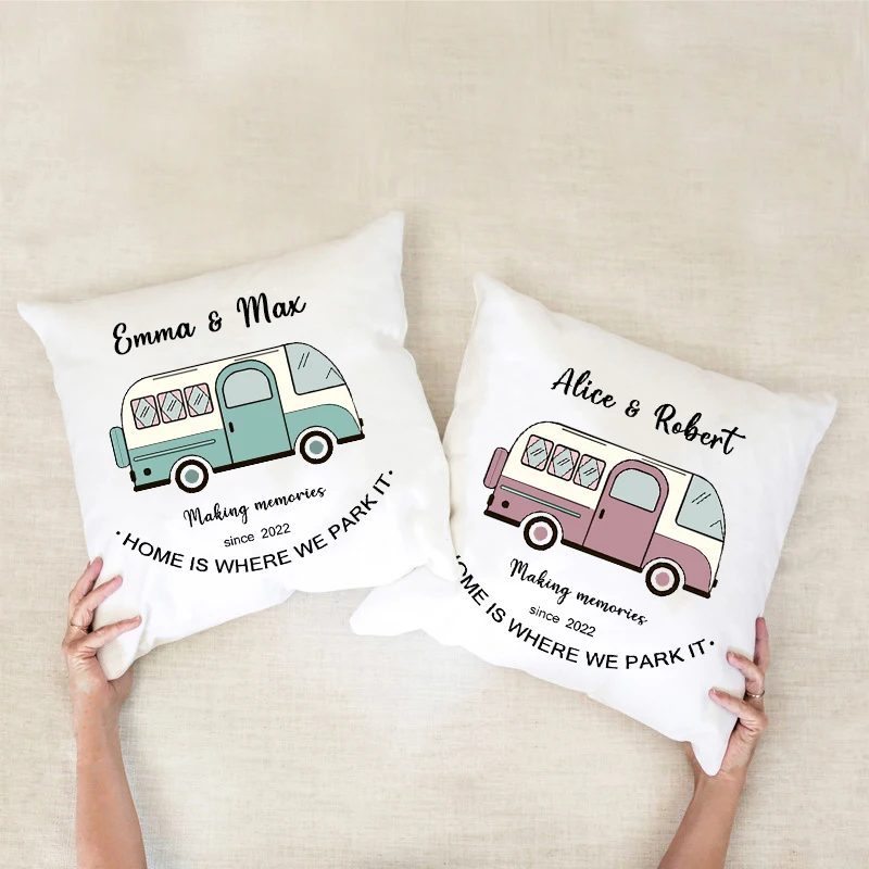 

Making Memories Home Is Where We Park It Pillow Cover Personalised Custom Name Sofa Cushion Case Throw Pillows Gift for He Her