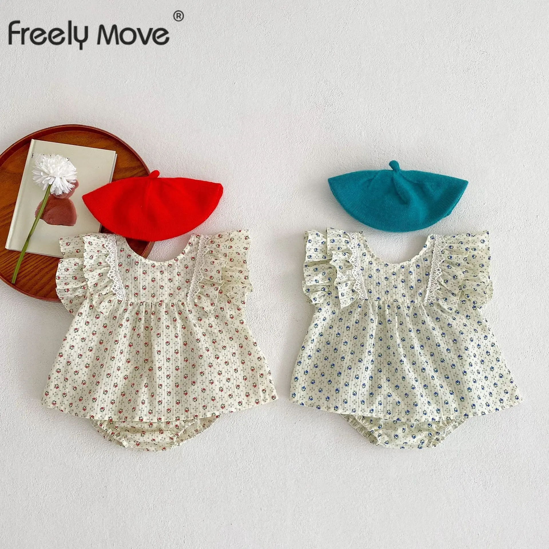 

Summer Baby Girls Suits 2023 Summer New Floral Sleeveless Ruffles Tops+Romper Kids Suit Fashion Children's Clothes