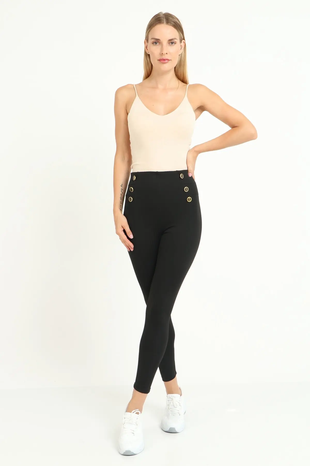 

Women's Leggings Yoga Pants Black Front Button And Stitching Detail High Waist Contouring Winter Leggins