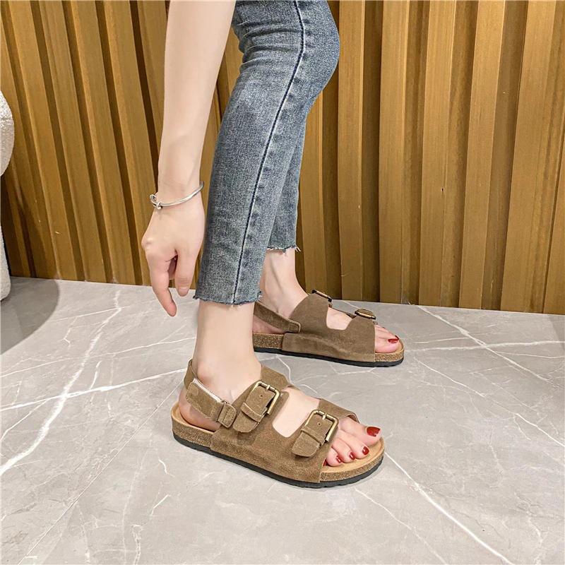 New Women Suede Leather Casual Low Heels Summer Shoes Woman Flats Sandals Buckle Platform Sandals Big Size 35-42