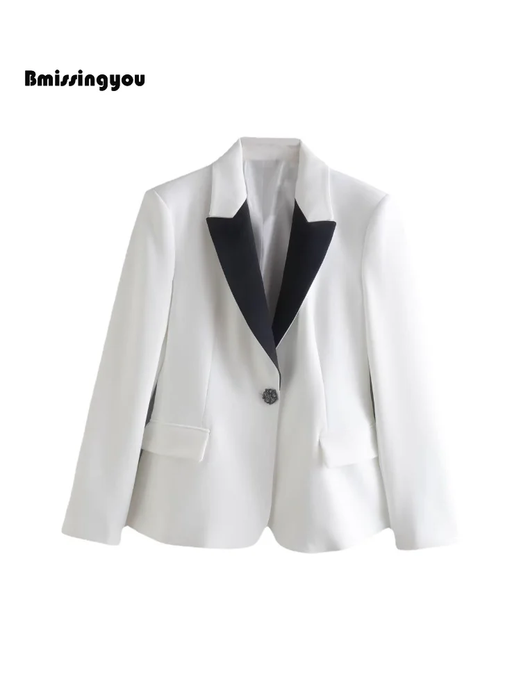

Bmissingyou Fashion Black White Patchwork Women's Suit Jacket Single Button Flap Pocket Long Sleeve Formal Lady Blazer Fall 2022
