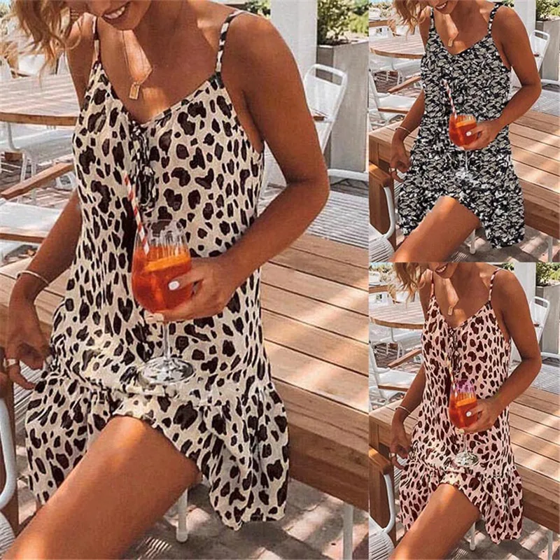 

Sexy Leopard Print Beach Mini Woman Dress 2022 Summer Spaghetti Strap Loose Casual Boho Dresses For Women Femme Robe