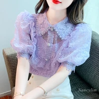 2022 summer purple lace shirt women new hollow puff sleeve light luxury heavy industry doll collar embroidery blouses lady top
