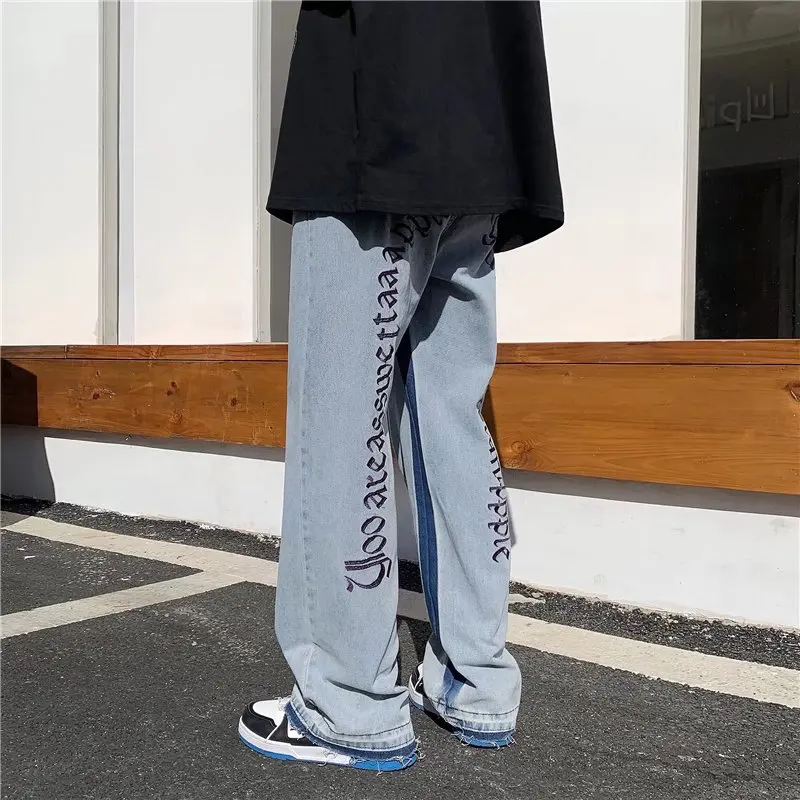 2022 Preppy Style Letter Embroidery Retro Washed Men Baggy Jeans Trousers Hip Hop Wide Vintage Denim Pants New Fashion Pantalon