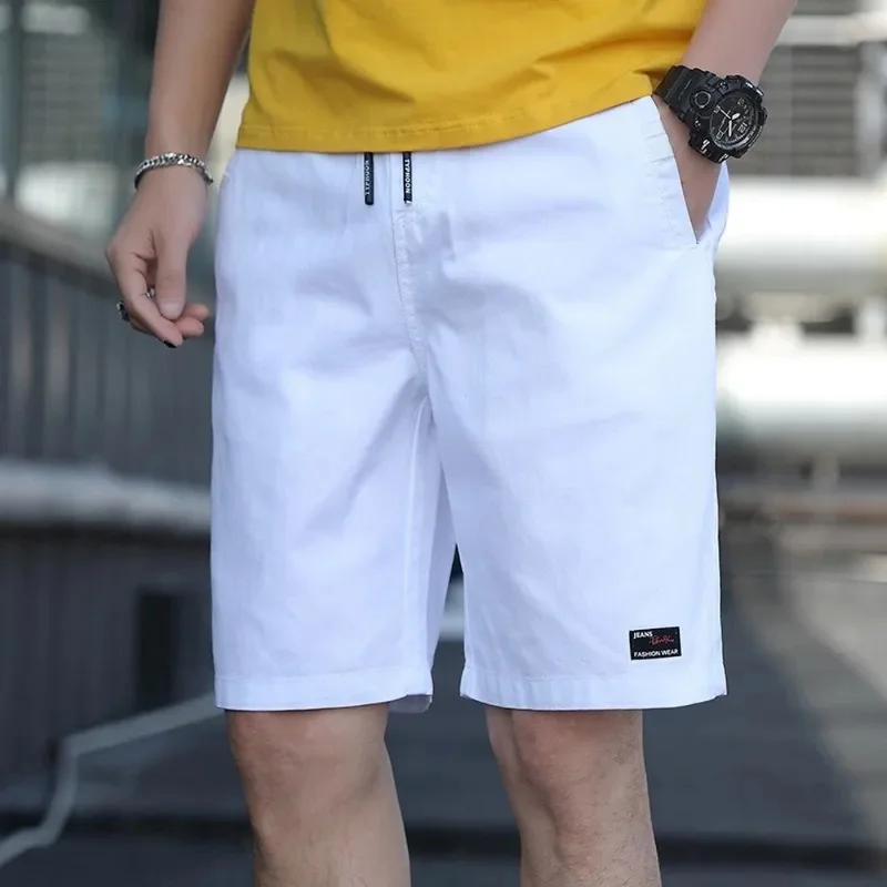 

Summer Shorts Men's Casual White Solid Color Elastic Waist Bermudas Male 2023 Trends Trousers Pure Cotton