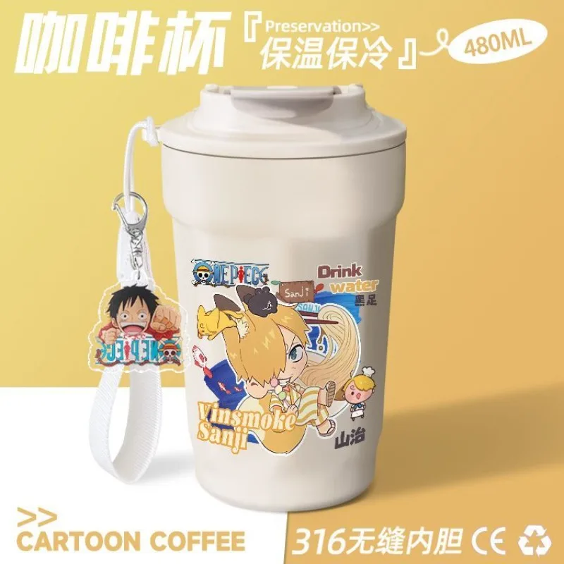Фото Новая кофейная кружка с аниме-принтом One Piece (Дофламинго, Зоро, Санджи), большая вместимость, персонализированная термокружка из нержавеющей стали. №5