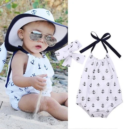 

Fashion Infant Baby Clothes Set Newborn Girl Sleeveless Jumpsuit Anchor Print Bodysuit+Headband 2pcs Girls Outfits