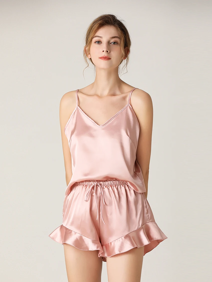 Marthaqiqi Sexy V-Neck Women'S Pajama Sets Satin Nightie Spaghetti Strap Sleepwear Drawstring Shorts Elegant Women Summer Suits