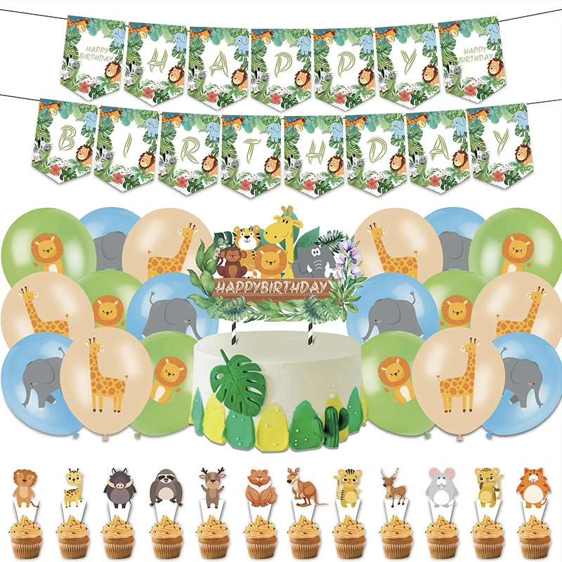 

Wild Animal Theme Party Decoration Happy Birthday Banner Jungle Safari Cake Topper Balloons Kids Birthday Decor Baby Shower