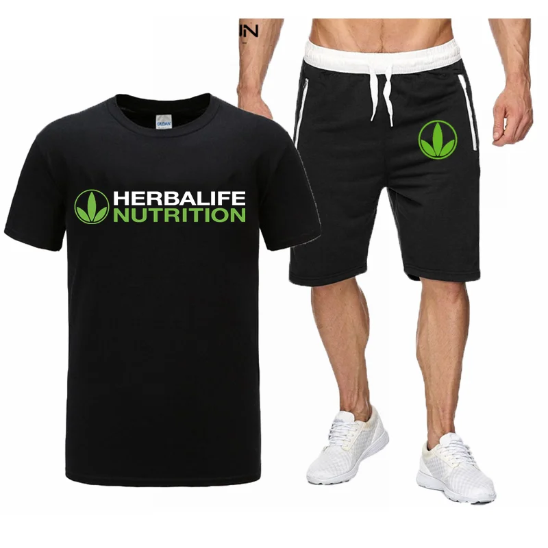 2 Pieces Men Sets Herbalife Nutrition Men Tracksuit Summer Male Clothing Sportswear Set Print Men Shorts T Shirt Casual Suit