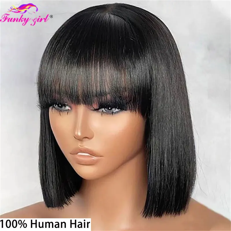 100% Human Hair Wig With Bangs Brazilian Straight Bangs Bob Wigs Full Machine Made Wig For Women No Lace Short Bob Wigs 8-16Inch