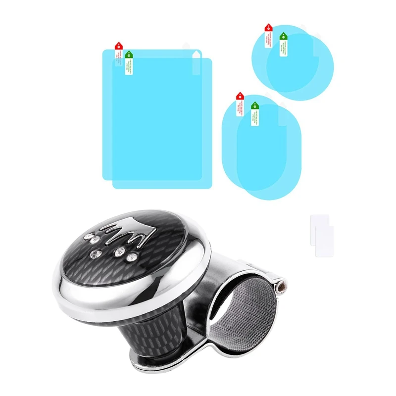 

Check Pattern Metal Plastic Handle Steering Wheel Spinner Knob With 6Pcs Car Rearview Mirror Film
