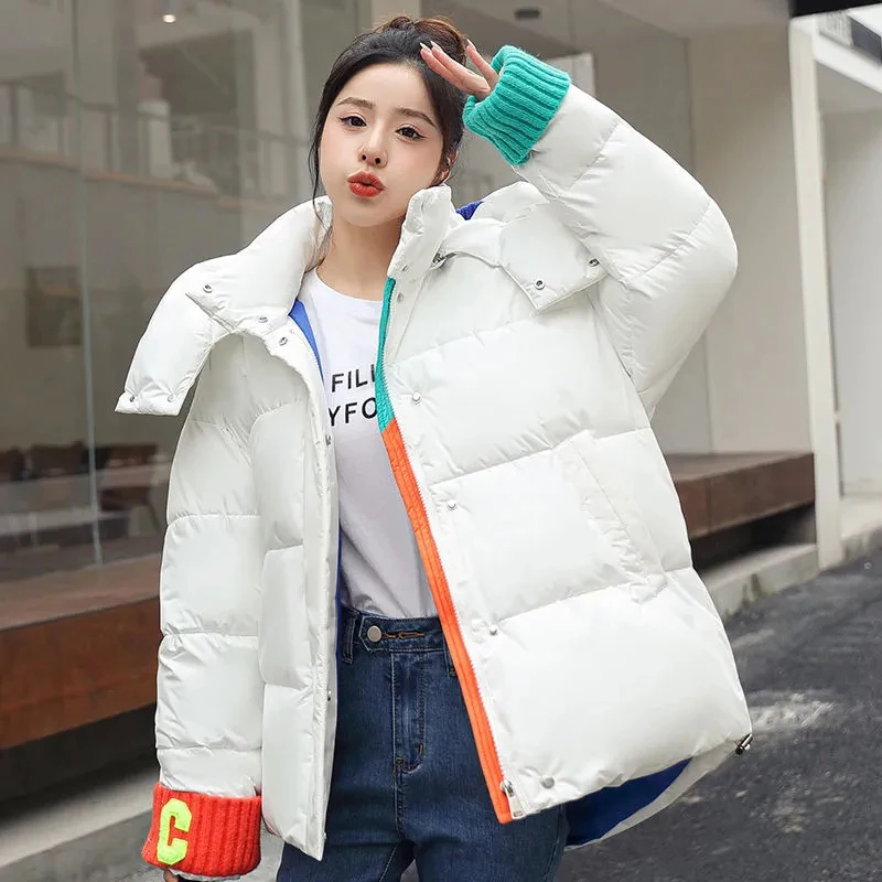 

2022 New Winter Women Parkas Jackets Loose Hooded Thicken Warm Padded Coat Knit Spliced Female Winter Outwear Jacket