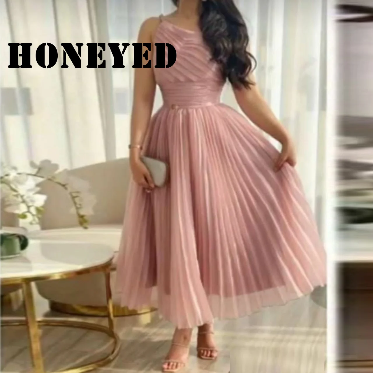 

Короткие Розовые мусульманские Вечерние платья Honeyed из органзы, трапециевидные плиссированные вечерние платья с открытым плечом для женщин