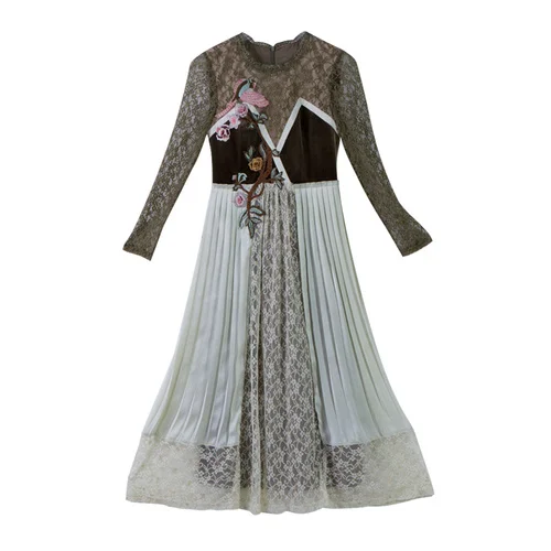 

Dress Women 2020Autumn Vintage Elegant Slim Embroidery Pleated Dress Retro Casual Velvet Lace Patchwork Long Dress korean dress